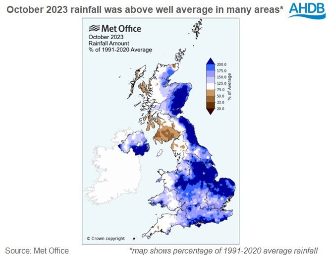 Map showing October 2023 rainfall was 200% or more of the long-term average in parts of the UK